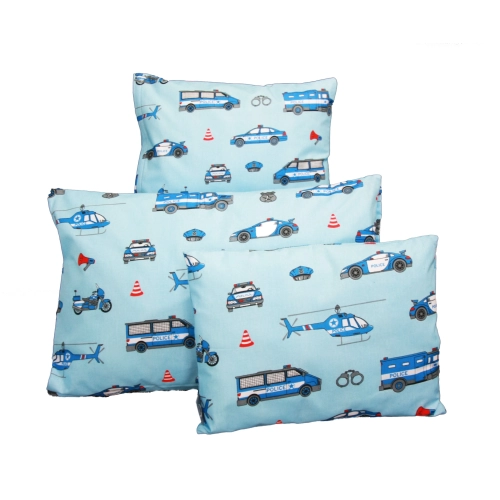 Delikatna pościel dla dzieci bawełniana 100x135 radiowozy na niebieskim tle